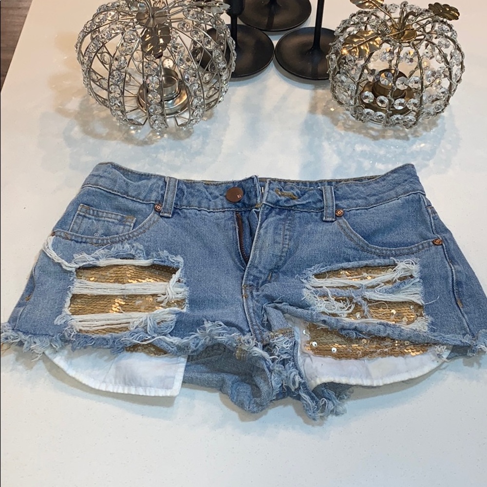 Never worn sequined mid rise light blue shorts